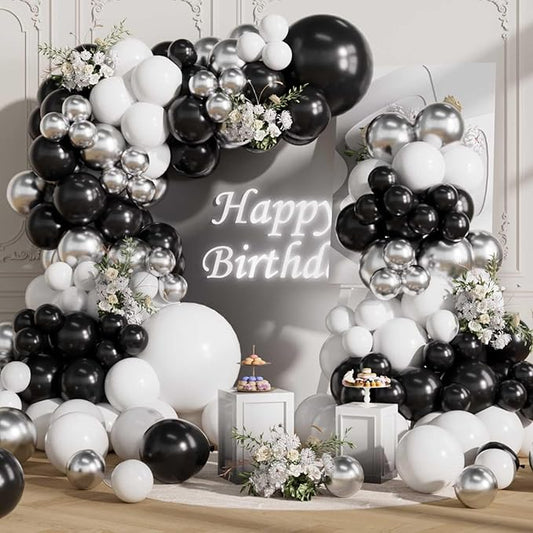 Black and Silver Balloons Arch Kit 155Pcs Different Sizes of 18 10 5 Inch Latex Black White Metallic Silver Balloon Garland for Birthday Anniversary Graduation Party Decorations