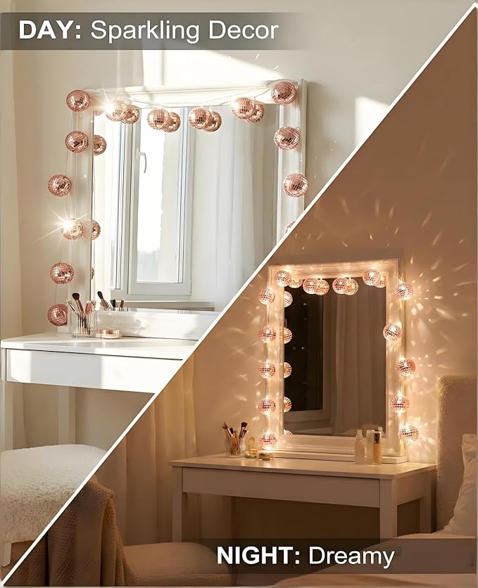AceList Rose Gold Disco Ball String Lights, 20 LED 9.8Ft Control & Dual Power (USB/Battery) Dimmable Mirror Ball Lights for Bedroom, Birthday Party, Bachelorette & Room Decor