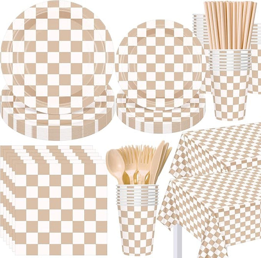Funnymoom 452 Pcs Beige and Brown Gingham Party Supplies for 50, Beige Checkered Plaid Paper Plates Napkins Cups Tablecloth Cutlery Straws for Picnic Camping Birthday Baby Shower Decoration