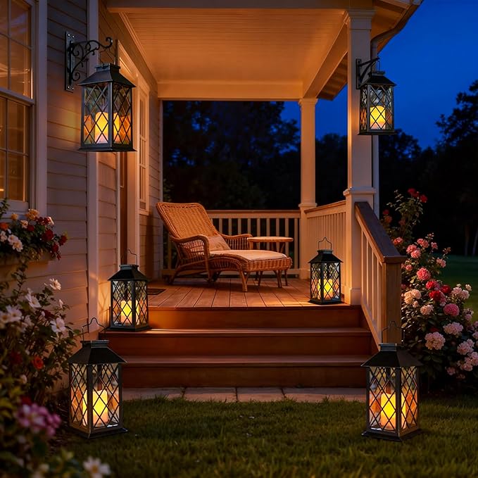 [2 Pack] TAKE ME Black 14" Solar Lanterns Outdoor Waterproof Garden Lanterns LED Candle Lights for Garden Outdoor Decor Mothers Day Gifts
