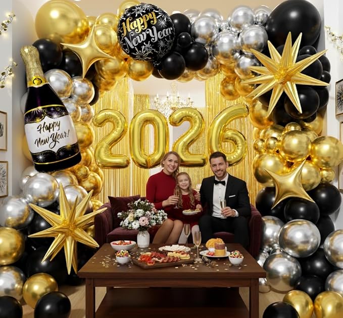 Black and Gold Silver Balloons Garland Arch Kit - Different Size Balloons Gold Fringe Curtain Backdrop for Graduation Birthday Anniversary New Years Theme Party Decorations
