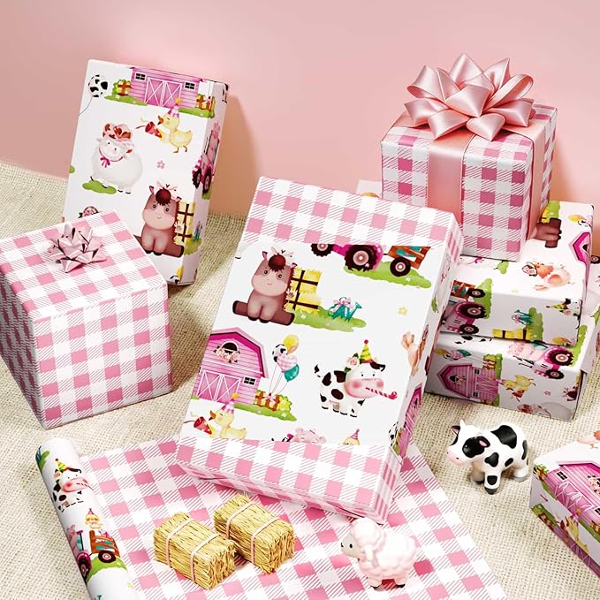 WERNNSAI Farm Animal Wrapping Paper - 1 roll 17” x 33 ft Pink Farm Gift Wrapping Paper for Kids Girls Birthday Baby Shower Animal Gift Wrap Barnyard Theme Party Favor Pink Plaid Design