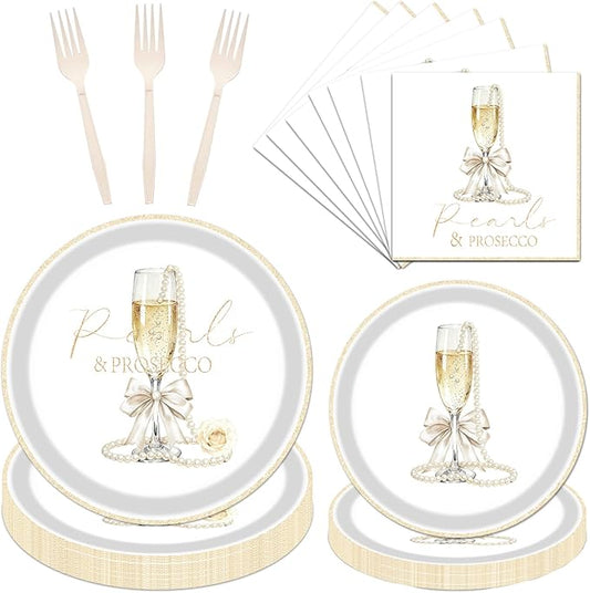 Rakuto Pearls and Prosecco Bridal Shower Decorations, 96PCS Pearls Bow Champagne Disposable Paper Plates Napkins Party Decorations, Bows Prosecco Wedding Bachelorette Bride to Be Decor, Serve 24