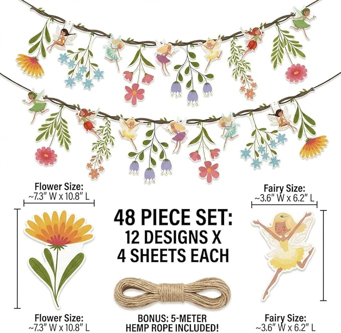 48Pcs Flower Fairy Banner Decorations Floral Designs Wildflower Garland – with 5m Jute Rope, for Baby Shower, Wedding, Easter Backdrop, Enchanted Garden Party Supplies (Fairy)