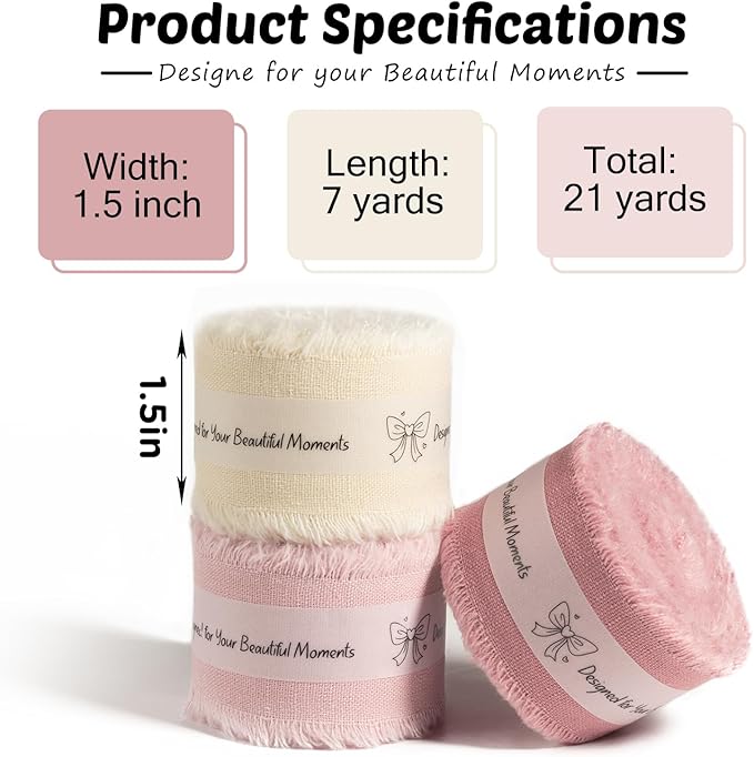 Pink & Ivory Cotton Ribbon 1-1/2 Inch Dusty Pink, Soft Pink & Cream 3 Rolls 21 Yards Frayed Edge Fabric Set for Rustic Wedding Decor, Engagement Party, Bridal Bouquet Wrap & Gift Wrapping