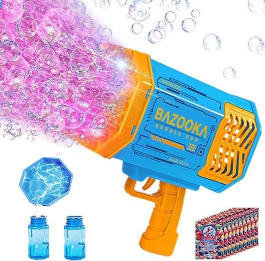 Bubble Gun Bazooka Machine with Solution - 69 Holes Blaster for Outdoor Summer Toy, Party Favors - Blue Easter Bubble Maker Blowers for Kids