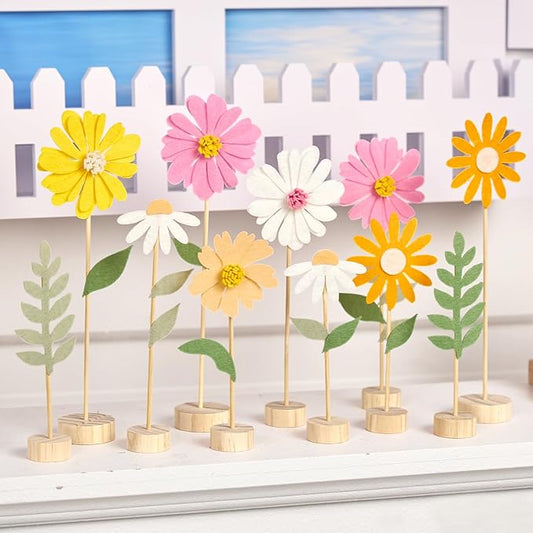 Easy Joy 11 Pcs Felt Flowers Decorations Daisy Felt Centerpieces Handcrafted Wildflower Centrepieces with Wooden Base Pastel Flower Table Decorations for Birthday Baby Shower Spring Garden Home Decor