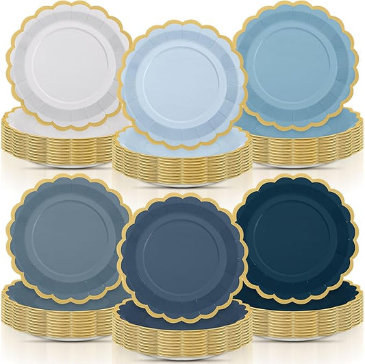 96 Pcs Dusty Blue Paper Plates 9 Inch Gradient Scalloped Paper Blue Disposable Dinner Dessert Plates for Birthday Wedding Bridal Party Supplies, 6 Colors