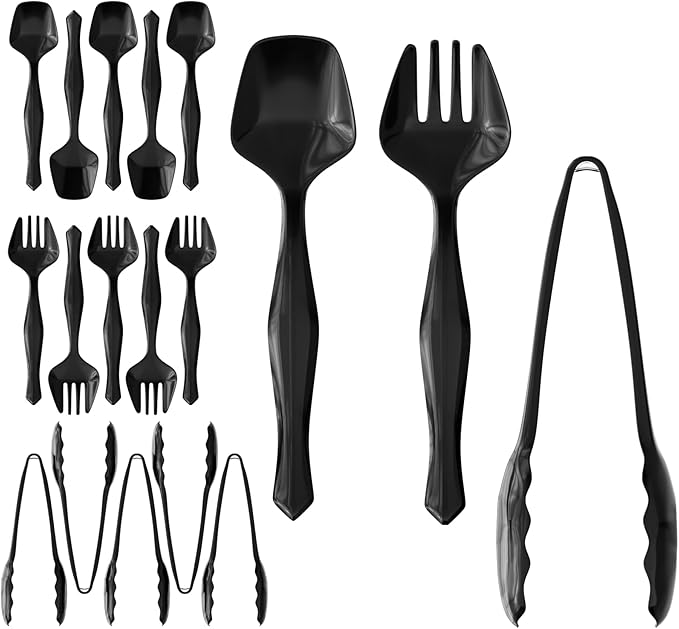 18 Pcs Black Plastic Serving Utensils Set - 6 Black Plastic Serving Spoons, 6 Black Tongs And 6 Forks - Heavy Duty Black Disposable Serving Utensils Set For Parties