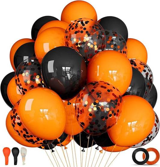 68Pcs Black and Orange Balloons, 12 inch Orange Black Latex Balloon Set with Confetti Ribbons Reusable, Fade-Resistant for Halloween, Graduation Spooky Party Decorations.