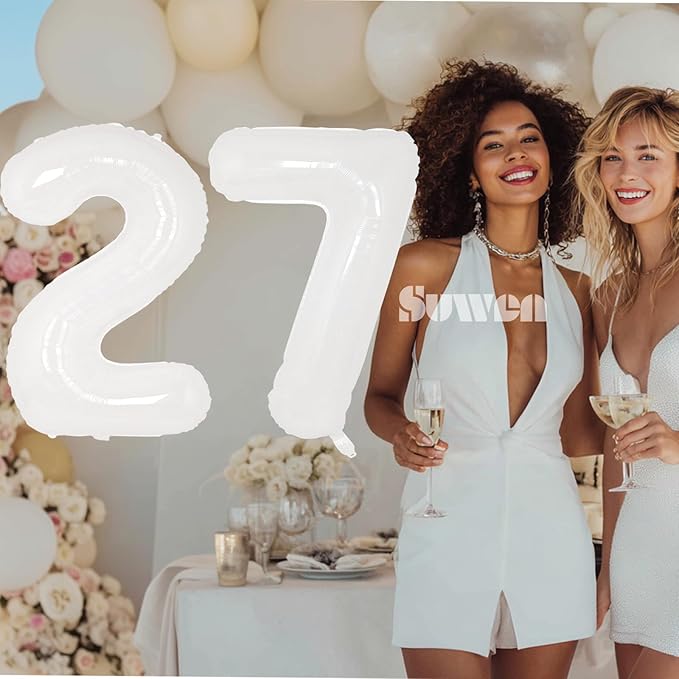 SUWEN 40 Inch White Large 27 Balloon Numbers Big Foil Helium Number Balloons 0-9 Giant Jumbo Happy 27th Birthday Party Decorations for Men or Women Huge Mylar 72 Anniversary Party Supplies