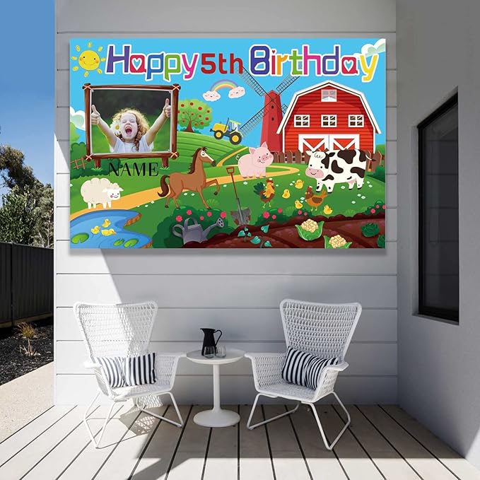 Custom Farm Animal Happy Birthday Party Decorations Supplies Personalized Farm Animal Barn Cow Farmhouse Birthday Backdrop Banner(5x7.5ft)