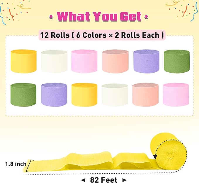 Crepe Paper Streamers, 12 Rolls Party Streamers, 6 Colors 984 Ft Streamers Party Decorations for Birthday, Wedding, Baby Shower, Holiday, DIY Crafts, Backdrop