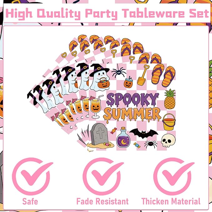 Gameza Summer Halloween Party Decorations - 96PCS Happy Summer Halloween Party Plates Napkins and Forks Disposable Tableware Set, Ghost Spooky Ween Vibes Holiday Party Supplies Decor, Serve 24
