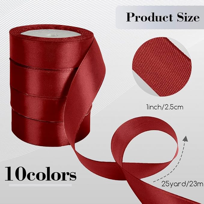4 Rolls Burgundy Satin Ribbon - 1in x 25yd, Dark Red Silk for Weddings, Birthdays & Gift Baskets