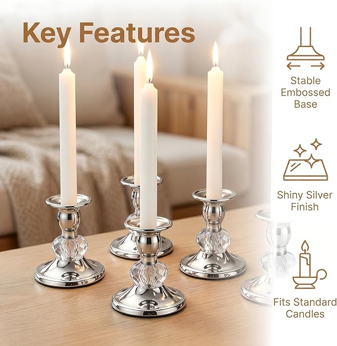 Candlestick Holders Taper Candle Holders, Candle Stick Candle Holder for Table Centerpiece, Wedding Reception, Festive Christmas Mantel Decoration or Home Decor (Silver, 3 Sets(6 Pcs))