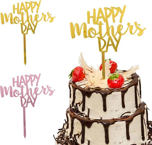 Mother's Day Cake Topper - 10pcs Acrylic Happy Cupcake Topper for Birthday Party Decoration Supplies (Gold & Pink -1)