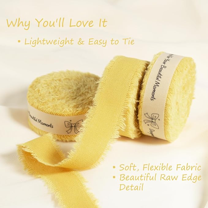 Yellow Cotton Ribbon 5/8 Inch Mustard Yellow 3 Rolls 21 Yards Frayed Edge Fabric Set for Wedding Decor, Bridal Bouquet Wrap, Baby Shower, Gift Wrapping & Fall Decor