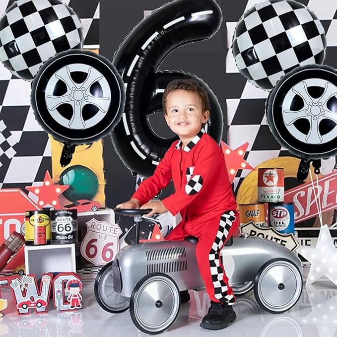 TONIFUL Race Car Black Balloons Car Birthday Party Supplies,40 Inch Giant Jumbo Helium Foil Mylar Big Number 6 Digital 6 Balloons for Boy's Birthday Party Truck Race Car Theme Party Decorations