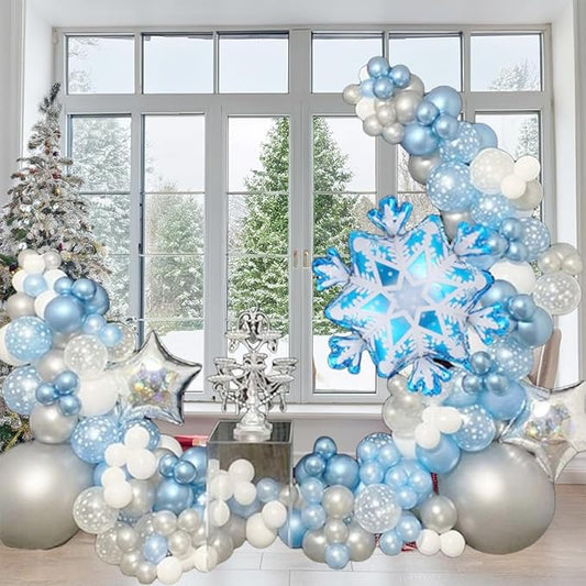 118 Pieces Snowflake Balloon Garland Arch kit-Snowflake Balloon with Silver Blue White Latex Balloons set for Winter Wonderland Holiday Christmas Baby Shower Snow Princess Birthday Party Decorations