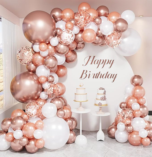 Rose Gold Balloon Garland Arch Kit, 134 Pcs Mothers Day Balloon Arch Kit, Multi-Size Metallic Rose Gold White Confetti Balloons for Mothers Day Decor, Bridal Shower, Wedding, Retirement, Baby Shower