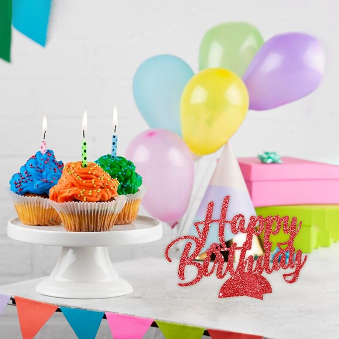 Happy Birthday Table Centerpiece, Red Glitter Birthday Party Paper Free Standing for Women Men, HBD Script Table Centerpiece for Bday Party Supplies