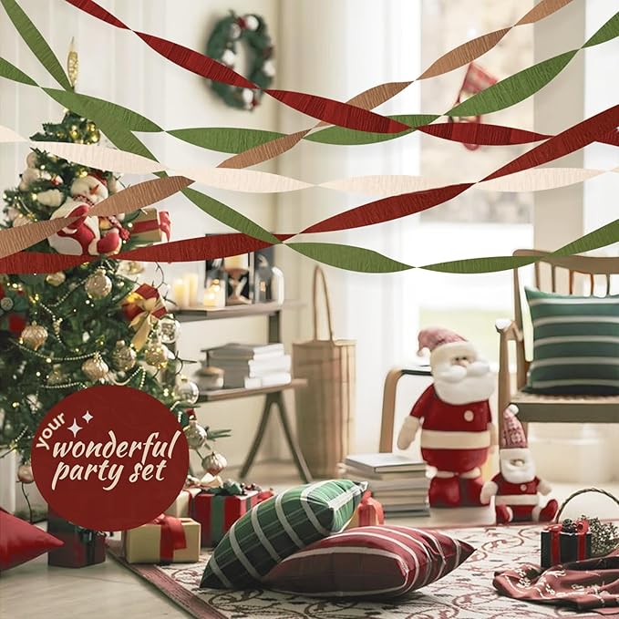 NICROLANDEE Christmas Decorations, 8 Rolls Green Red Brown Crepe Paper Party Streamers for Xmas Hanging Backdrops Decorations, Wedding, Bridal Baby Shower, Birthday, Christmas DIY Craft Supplies