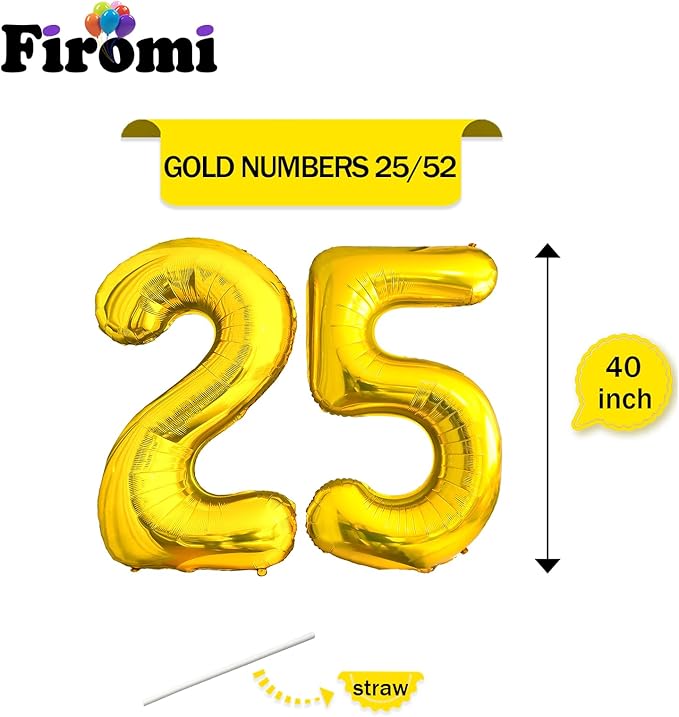 FIROMI 25 Number Balloons Gold Big Giant Jumbo Huge Foil Mylar 25 Balloon Numbers for 25th Birthday Party Anniversary Events Decorations 40-inches
