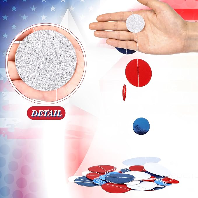 Outus 10 Pieces Blue,White,Red Round Dots Garland Graduation Party Hanging Decor Each Length 13.1ft Glitter Paper Dot Streamers for Birthday Wedding Classroom Supplies