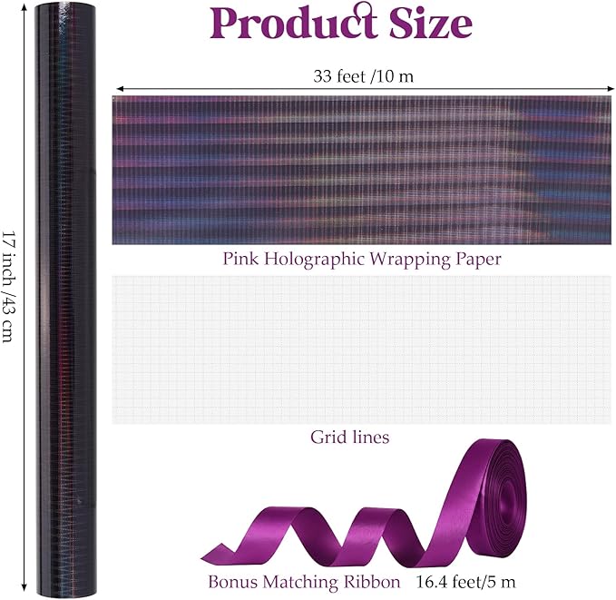 Bafeil Black Holographic Striped Wrapping Paper Roll with Ribbon, Metallic Iridescent Gift Wrap Paper for Birthdays, Mother’s Day, Graduations, Weddings, Father’s Day, Teachers’ Day