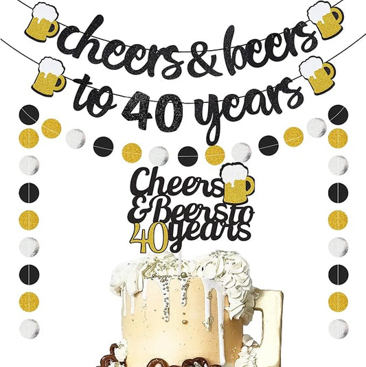 Happy 40th Birthday Banner Caker Topper Cheers & Beers to 40 Years Gold Glitter Banner Glittery Circle Dots Garland - 40th Wedding Party Supplies for Men Women