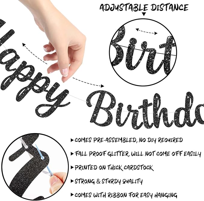 Glitter Happy Birthday Banner Sign,Reusable Birthday Party Decorations, DIY Party Supplies for Women Men Boys Girls,Celebration Decor Garland Wall Backdrop Banners (Black)