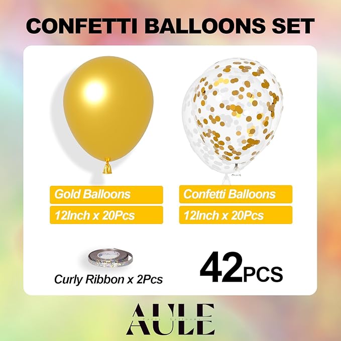 AULE Party Balloons Pack of 42 - Metallic Gold Balloons & Gold Confetti Balloons and 64ft Ribbons - 12 Inch Balloons Decorations Set