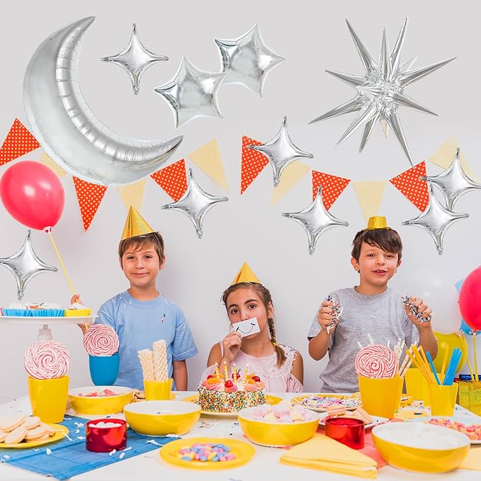 TONIFUL 44pcs Silver Moon Explosion Star Foil Balloons Kit - Large Moon Shape & Star Mylar Foil Balloons for Birthday, Wedding, Baby Shower, Anniversary & Engagement Parties