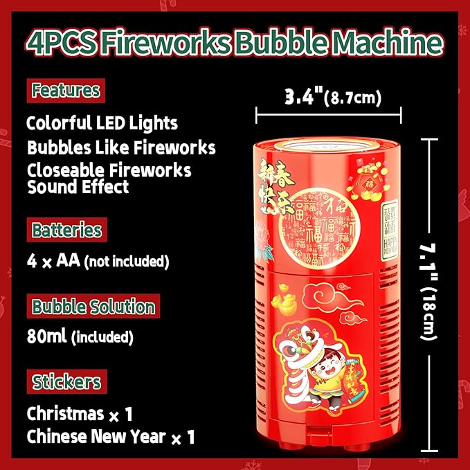 Bubble Machine (4PCS, 13 Holes) with LED Lights, Automatic Bubble Blower Toys, Portable Bubbles Maker for Wedding Christmas Chinese New Years Party Decorations, Kids Birthday Gifts, Balloons Banner