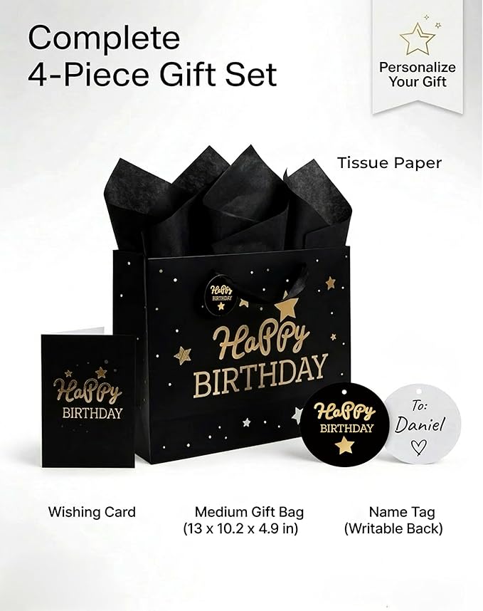 DOUBLESHOOT Black Birthday Gift Bag with Tissue Paper and Greeting Card, Medium Gift Bag 13 x 10.2 x 4.9 inches, Gold Foil Happy Birthday Stars and Dots Design, Gift Wrap Bag for Men, Boys, Dad, Him