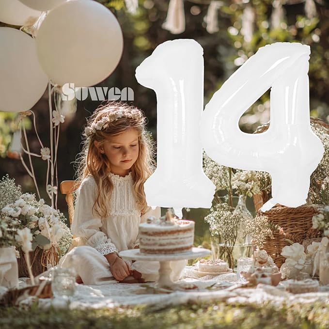 SUWEN 40 Inch White Large 14 Number Balloons Big Foil Helium Number Balloons 0-9 Giant Jumbo Happy 14th Birthday Party Decorations for Boy or Girl Huge Mylar 41 Anniversary Party Supplies