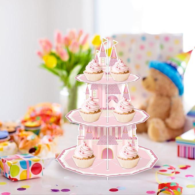 KALEFO Princess Party Supplies 3 Tier Cupcake Stand Birthday Decorations Pink Castle Cake Treat Table Decor(Princess)