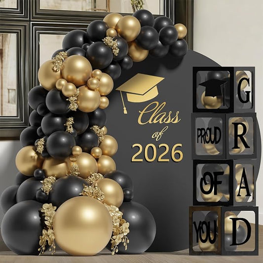 Graduation Decorations 2026,4 Pcs Transparent Balloon Boxes with Letters of GRAD,PROUD OF YOU,Class of 2026 and 130pcs Black and Gold Balloons Arch Kit for High School College 2026 Grad Party Supplies