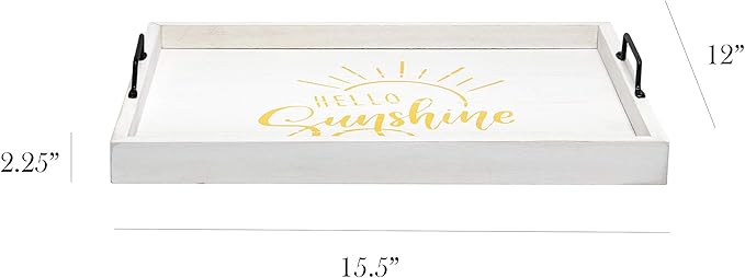 Elegant Designs HG2000-WHS Yellow Sun Decorative Wood Serving Tray w/Handles,15.50" x 12", White Wash Hello Sunshine