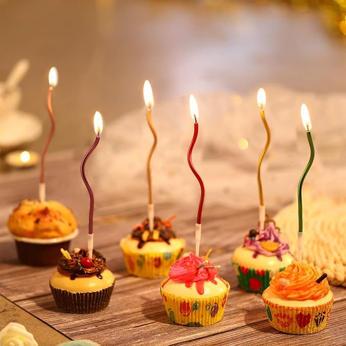 48 Pieces Twisty Birthday Spiral Cake Candles with Holders Long Thin Curly Coil Metallic Cake Cupcake Candles for Birthday Wedding Party Decoration(Metallic Colorful)