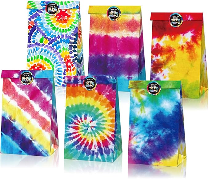AICHENGZI Tie Dye Gift Treat Bags Bags Tie Dye Party Goodie Paper Bags Candy Bags with Stickers Colorful Party Paper Bags (12PCS)