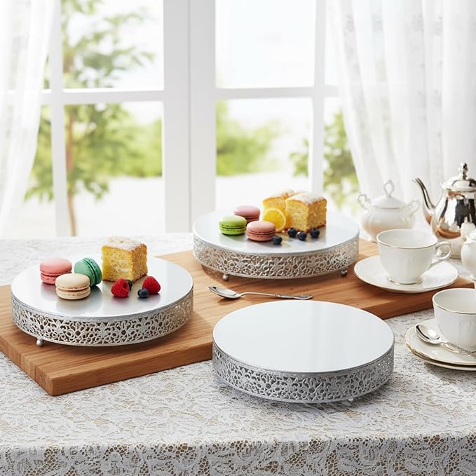 Wenqik 3 Pcs 16'' 14'' 12'' Metal Silver Cake Stand Round Cake Stands for Dessert Table Cookies Fruit Serving Tray Cupcake Dessert Pastry Riser for Wedding Birthday Party and Events