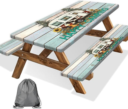 Flowers Picnic Table Cover with Bench Covers and Bag, Camping Essentials, Green Camper Wooden Grain Waterproof, Fitted Tablecloth Cover with Elastic Edge, Outdoor Table Covers, 3 PCS, 30x60 Inch