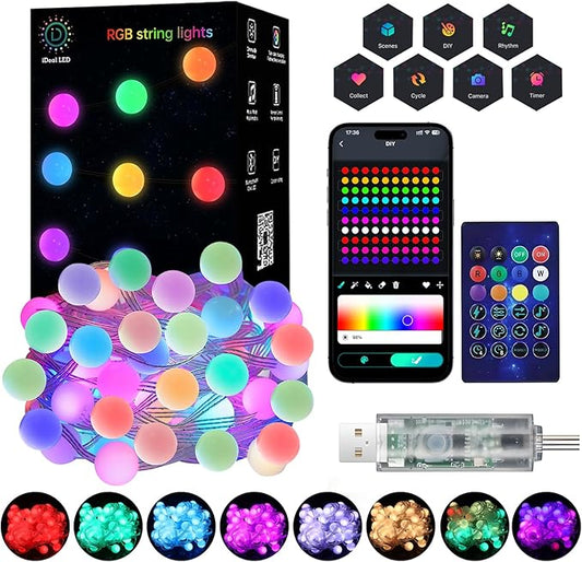 Super RGB Color Changing Globe String Lights, 66ft Smart RGB-IC Fairy Lights with Remote & APP Control, Mini Ball LED Twinkle Lights Hanging for Indoor Bedroom Living Room Party Birthday Decor