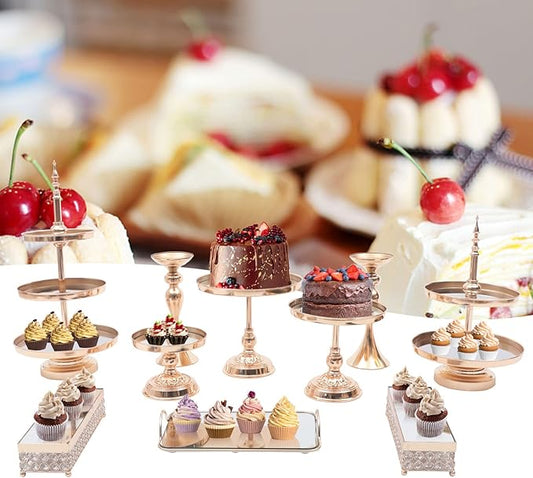 Set of 10 Pieces Metal Cake Stands, Round Cake Stands, Square Candy Fruite Display Plate, Cupcake Serving Tower, for Tea Party, Birthday, Wedding, Anniversary, Celebration, Home Decor