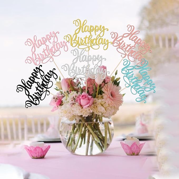 12 PCS Happy Birthday Centerpieces Sticks Double Sided Glitter Birthday Party Decorations Anniversary Table Flower Centerpiece for Celebrating Birthday Party Centerpieces Supplies Multi 6 Colors