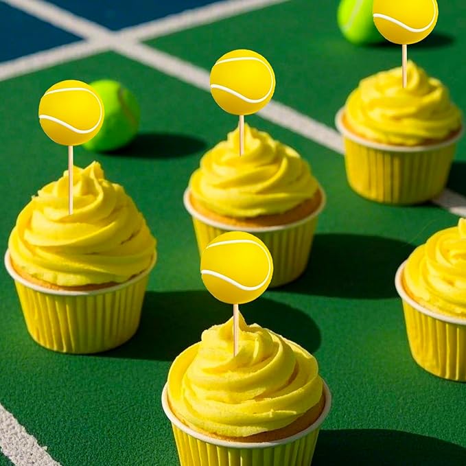 24Pcs Tennis Cupcake Toppers Foam Sports Ball Tennis Cupcake Picks for Baby Shower Kids Tennis Theme Birthday Party Cake Decorations Supplies