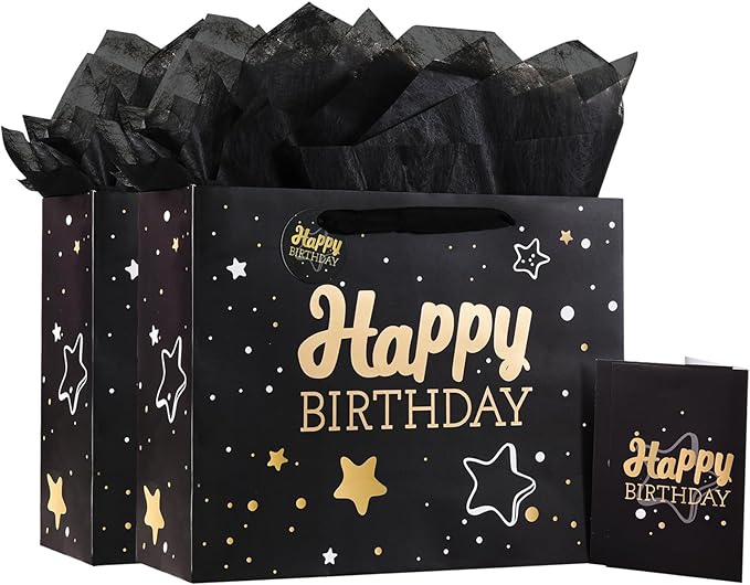 13" Black Happy Birthday Gift Bag with Tissue Paper and Greeting Card for Party,Happy Birthday Gift Bag for Men Women,Gift Bags Medium size(2 PCS Black Hot Stamping)