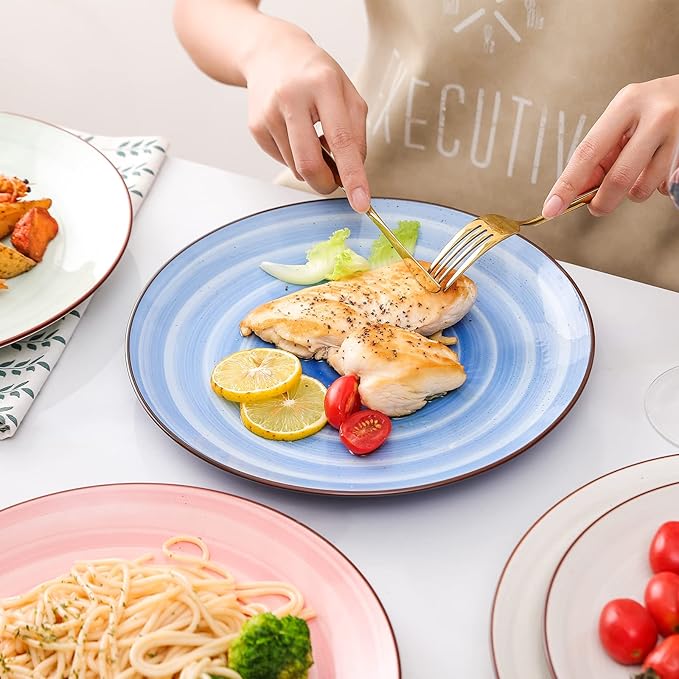 KitchenTour Large Ceramic Dinner Plates, 10 Inch Porcelain Serving Plate for Salad, Dessert Pizza Steak Pasta Plates Set, Dishwasher and Microwave Safe - Set of 6, Assorted Warm Colors